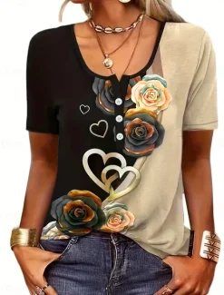 Discount Women's T Shirt Casual Ombre Floral Buttons Short Sleeve Regular Tops U Neck Daily Rose Gold Khaki Summer Women Spring Tops