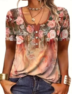 Discount Women's T Shirt Casual Ombre Floral Buttons Short Sleeve Regular Tops U Neck Daily Rose Gold Khaki Summer Women Spring Tops