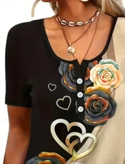 Discount Women's T Shirt Casual Ombre Floral Buttons Short Sleeve Regular Tops U Neck Daily Rose Gold Khaki Summer Women Spring Tops