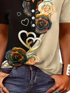 Discount Women's T Shirt Casual Ombre Floral Buttons Short Sleeve Regular Tops U Neck Daily Rose Gold Khaki Summer Women Spring Tops