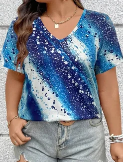 Online Women's T Shirt Casual Print Short Sleeve Regular Tops V Neck Daily Red Blue Purple Green Spring Fall Women T-Shirts