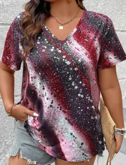 Online Women's T Shirt Casual Print Short Sleeve Regular Tops V Neck Daily Red Blue Purple Green Spring Fall Women T-Shirts