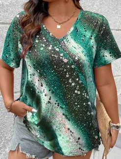 Online Women's T Shirt Casual Print Short Sleeve Regular Tops V Neck Daily Red Blue Purple Green Spring Fall Women T-Shirts