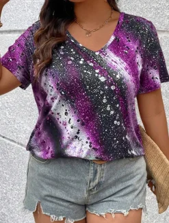 Online Women's T Shirt Casual Print Short Sleeve Regular Tops V Neck Daily Red Blue Purple Green Spring Fall Women T-Shirts