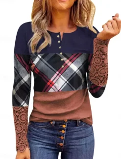 New Women's T Shirt Casual Print Long Sleeve Regular Tops Crew Neck Red Brown Gray Fall Winter Women T-Shirts