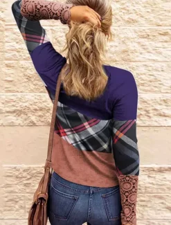 New Women's T Shirt Casual Print Long Sleeve Regular Tops Crew Neck Red Brown Gray Fall Winter Women T-Shirts