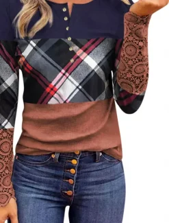 New Women's T Shirt Casual Print Long Sleeve Regular Tops Crew Neck Red Brown Gray Fall Winter Women T-Shirts