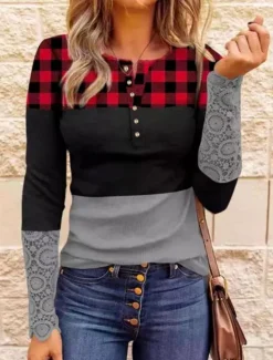 New Women's T Shirt Casual Print Long Sleeve Regular Tops Crew Neck Red Brown Gray Fall Winter Women T-Shirts