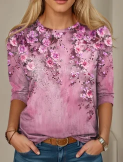 New Women's T Shirt Casual Print Regular Tops Daily Yellow Pink Blue Spring Fall Women Spring Tops|T-Shirts