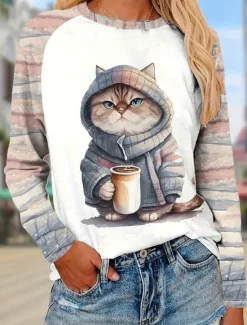 Outlet Women's T Shirt Casual Print Long Sleeve Long Tops Crew Neck Daily Spring & Fall Women T-Shirts