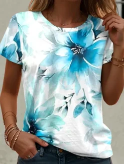 Best Women's T Shirt Casual Print Short Sleeve Regular Tops Daily Summer Women Spring Tops