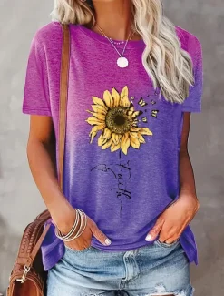 Hot Women's T Shirt Casual Print Short Sleeve Regular Tops Daily Purple Green Gray Summer Women T-Shirts