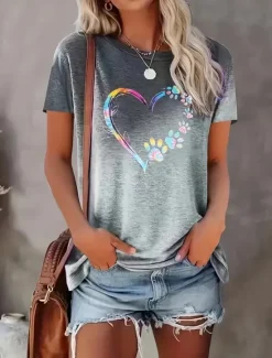 Best Women's T Shirt Casual Print Short Sleeve Regular Tops Crew Neck Daily Red Blue Green Gray Summer Women T-Shirts