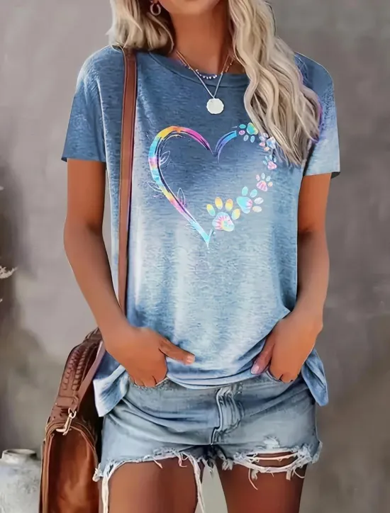 Best Women's T Shirt Casual Print Short Sleeve Regular Tops Crew Neck Daily Red Blue Green Gray Summer Women T-Shirts