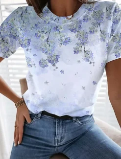 Clearance Women's T Shirt Casual Print Short Sleeve Regular Tops Daily Pink Blue Summer Women Spring Tops