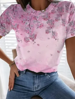 Clearance Women's T Shirt Casual Print Short Sleeve Regular Tops Daily Pink Blue Summer Women Spring Tops