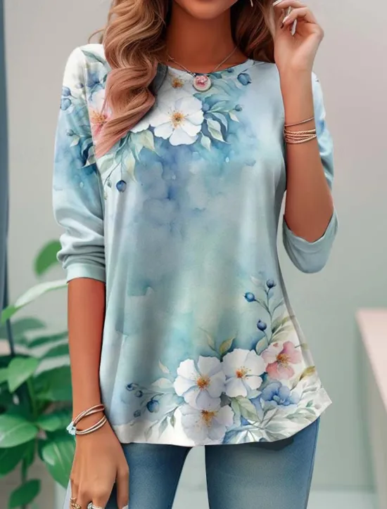 Women's T Shirt Casual Print Regular Tops Daily Blue Sky Blue Spring Fall Women Spring Tops|Boho Tops