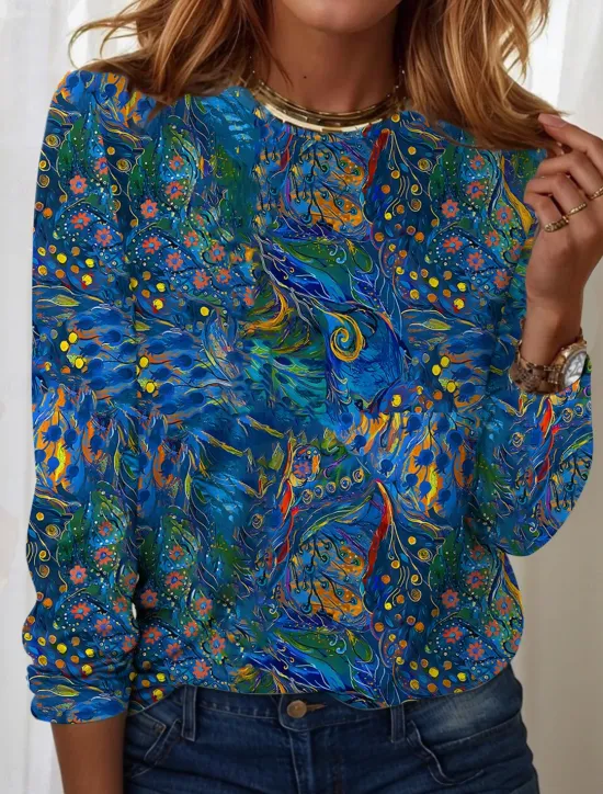 Women's T Shirt Casual Print Regular Tops Daily Blue Sky Blue Spring Fall Women Spring Tops|Boho Tops