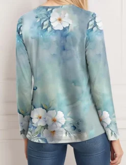 Women's T Shirt Casual Print Regular Tops Daily Blue Sky Blue Spring Fall Women Spring Tops|Boho Tops