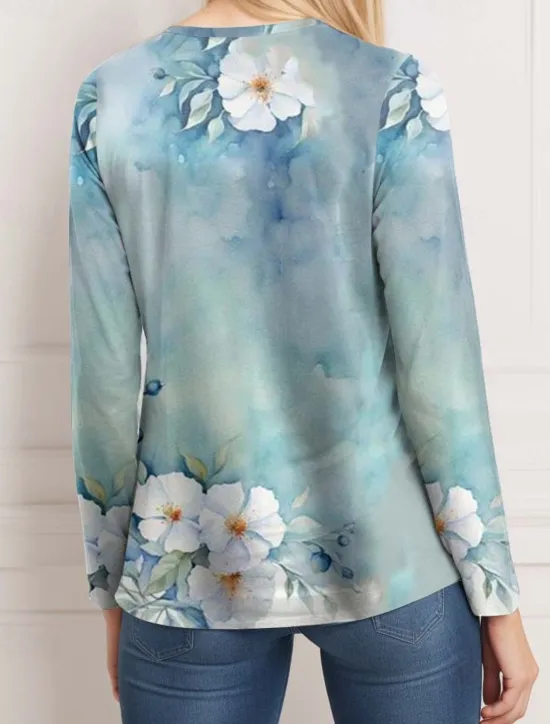 Women's T Shirt Casual Print Regular Tops Daily Blue Sky Blue Spring Fall Women Spring Tops|Boho Tops