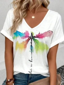 Online Women's T Shirt Casual Print Short Sleeve Regular Tops V Neck Daily Summer Dragonfly And Letter Print Women T-Shirts