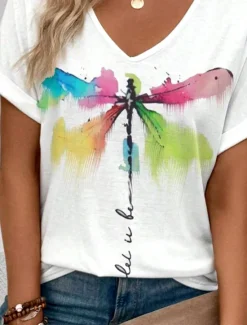 Online Women's T Shirt Casual Print Short Sleeve Regular Tops V Neck Daily Summer Dragonfly And Letter Print Women T-Shirts