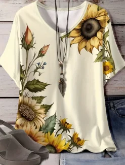 Online Women's T Shirt Casual Sunflower Print Short Sleeve Regular Tops V Neck Daily Summer Women Spring Tops