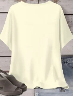 Online Women's T Shirt Casual Sunflower Print Short Sleeve Regular Tops V Neck Daily Summer Women Spring Tops