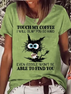 Hot Women's T Shirt Cat Letter Text Basic Short Sleeve Round Neck Regular Tops Daily Weekend Print White Pink Blue Green Gray Spring, Fall, Winter, Summer Women T-Shirts