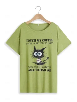 Hot Women's T Shirt Cat Letter Text Basic Short Sleeve Round Neck Regular Tops Daily Weekend Print White Pink Blue Green Gray Spring, Fall, Winter, Summer Women T-Shirts