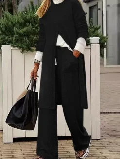 New Women's T Shirt Chinos Long Sleeve Solid Color Black Khaki Gray Spring Regular Fit Women Two Piece Sets