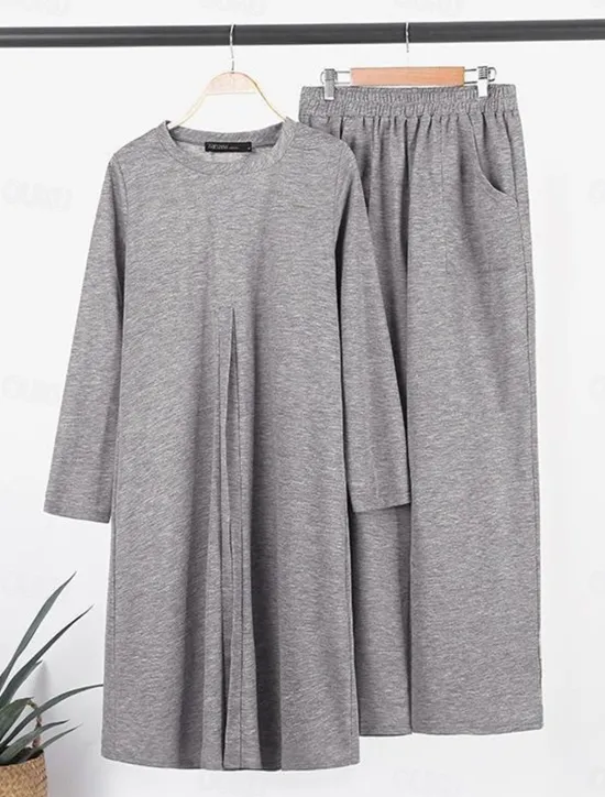 New Women's T Shirt Chinos Long Sleeve Solid Color Black Khaki Gray Spring Regular Fit Women Two Piece Sets