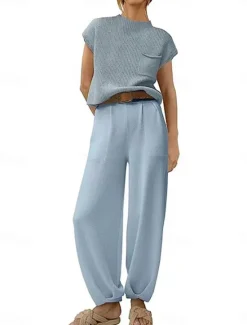 Clearance Women's T Shirt Chinos Short Sleeve Solid Color Black Blue Khaki Summer Regular Fit Women Two Piece Sets