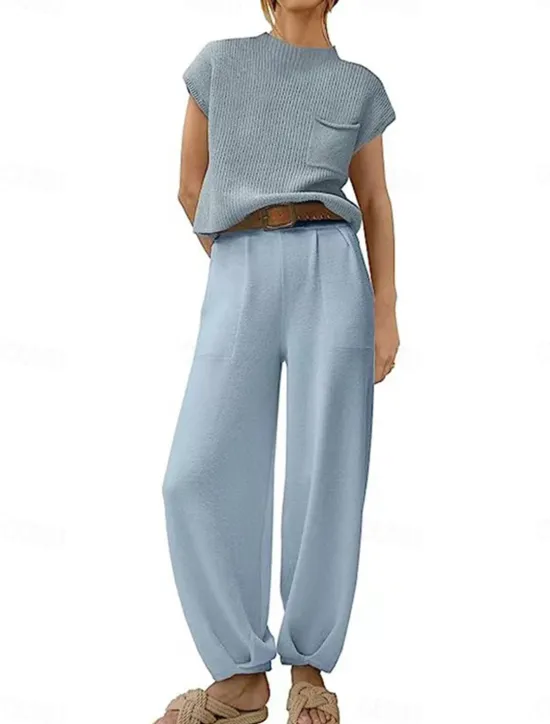 Clearance Women's T Shirt Chinos Short Sleeve Solid Color Black Blue Khaki Summer Regular Fit Women Two Piece Sets