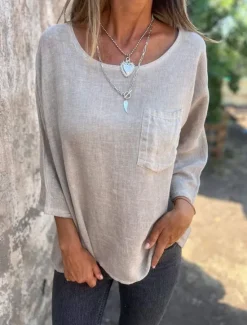 Women's T Shirt Cotton Linen Shirts Plain Fashion Modern Casual 3/4 Length Sleeve Crew Neck Regular Tops Daily Weekend Pocket Green Khaki Beige Spring Fall Women Shirts