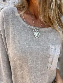 Women's T Shirt Cotton Linen Shirts Plain Fashion Modern Casual 3/4 Length Sleeve Crew Neck Regular Tops Daily Weekend Pocket Green Khaki Beige Spring Fall Women Shirts