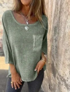 Women's T Shirt Cotton Linen Shirts Plain Fashion Modern Casual 3/4 Length Sleeve Crew Neck Regular Tops Daily Weekend Pocket Green Khaki Beige Spring Fall Women Shirts