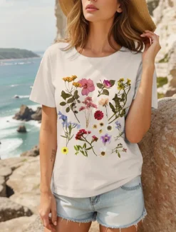 Discount Women's T Shirt Cotton Shirt Floral Graphic Casual Short Sleeve Round Neck Regular Tops Daily Print Pink off-white Light Blue Summer Women T-Shirts