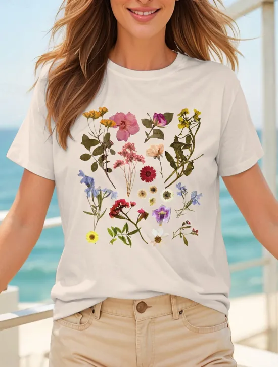 Discount Women's T Shirt Cotton Shirt Floral Graphic Casual Short Sleeve Round Neck Regular Tops Daily Print Pink off-white Light Blue Summer Women T-Shirts