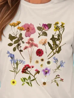 Discount Women's T Shirt Cotton Shirt Floral Graphic Casual Short Sleeve Round Neck Regular Tops Daily Print Pink off-white Light Blue Summer Women T-Shirts