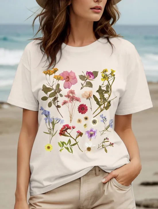 Discount Women's T Shirt Cotton Shirt Floral Graphic Casual Short Sleeve Round Neck Regular Tops Daily Print Pink off-white Light Blue Summer Women T-Shirts