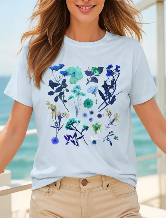 Discount Women's T Shirt Cotton Shirt Floral Graphic Casual Short Sleeve Round Neck Regular Tops Daily Print Pink off-white Light Blue Summer Women T-Shirts
