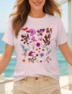 Discount Women's T Shirt Cotton Shirt Floral Graphic Casual Short Sleeve Round Neck Regular Tops Daily Print Pink off-white Light Blue Summer Women T-Shirts