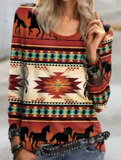 Women's T shirt Crew Neck Long Sleeve Tunic Vintage Modern Casual Regular Tops Daily Weekend Print Black Blue Brown Green Fall Winter Women T-Shirts|Boho Tops