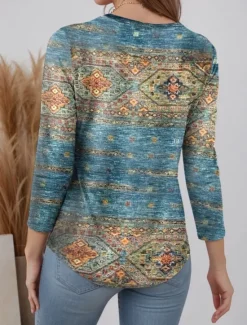 Women's T shirt Crew Neck Long Sleeve Tunic Vintage Modern Casual Regular Tops Daily Weekend Print Black Blue Brown Green Fall Winter Women T-Shirts|Boho Tops