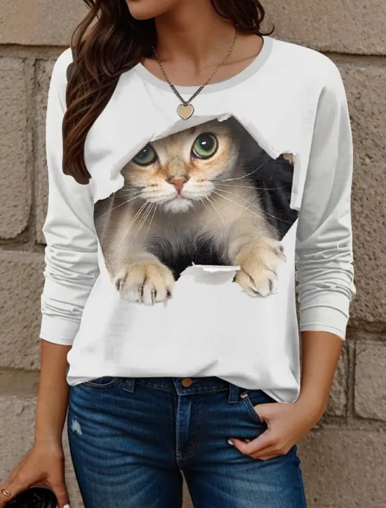 Clearance Women's T shirt Crew Neck Long Sleeve Tunic Cat Modern Casual Regular Tops Daily Weekend Print White Yellow Red Blue Dusty Blue Fall Winter Women T-Shirts