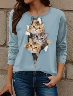 Clearance Women's T shirt Crew Neck Long Sleeve Tunic Cat Modern Casual Regular Tops Daily Weekend Print White Yellow Red Blue Dusty Blue Fall Winter Women T-Shirts