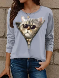 Clearance Women's T shirt Crew Neck Long Sleeve Tunic Cat Modern Casual Regular Tops Daily Weekend Print White Yellow Red Blue Dusty Blue Fall Winter Women T-Shirts