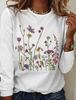 Clearance Women's T shirt Crew Neck Long Sleeve Tunic Floral Graphic Plants Vintage Stylish Classic Round Neck Regular Tops Daily Print Black White Khaki Fall Women T-Shirts