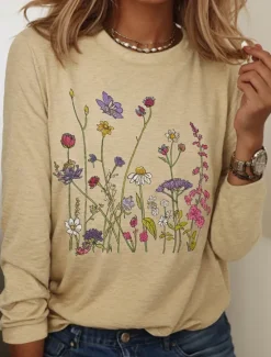 Clearance Women's T shirt Crew Neck Long Sleeve Tunic Floral Graphic Plants Vintage Stylish Classic Round Neck Regular Tops Daily Print Black White Khaki Fall Women T-Shirts